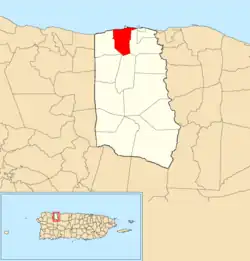 Location of Membrillo within the municipality of Camuy shown in red