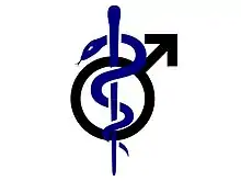 Symbol of Mars, representing men and symbol of the staff of Hermes, representing medicine