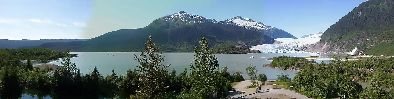 McGinnis centered, seen with Stroller White, Mendenhall Glacier, and Nugget Falls from the Mendenhall Glacier Visitor Center