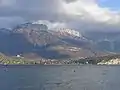 The Dents de Lanfon (left) viewed from Lac d'Annecy with Lanfonnet (right)