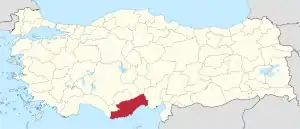 Mersin highlighted in red on a beige political map of Turkeym