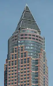 Messeturm in Frankfurt, Germany, by Helmut Jahn (1990), a Postmodern building that is reminiscent of Art Deco architecture