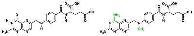 Two dimensional representations of the chemical structure of folic acid and methotrexate highlighting the differences between these two substances (amidation of pyrimidone and methylation of secondary amine).