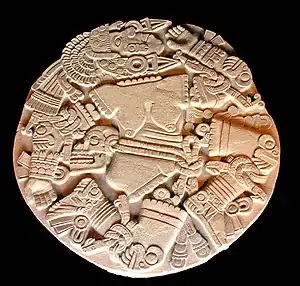 Coyolxauhqui Stone (Aztec); c. 1469–1481; stone; diameter: 3 m; Templo Mayor Museum (Mexico City)