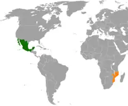 Map indicating locations of Mexico and Mozambique