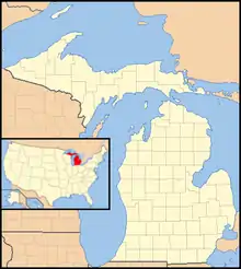 A map of the state of Michigan, with an inset showing the location of Michigan in the United States