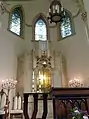 The bimah and ark at the front of the sanctuary