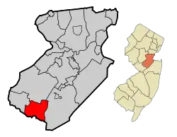 Location of Cranbury in Middlesex County highlighted in red (left). Inset map: Location of Middlesex County in New Jersey highlighted in orange (right).