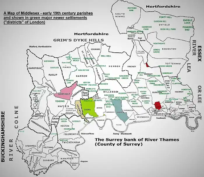 Map of the other main enclaves and exclaves in Middlesex.