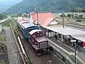 The Minami Aso Railway platform. The JR station is to the extreme right, outside the camera view.