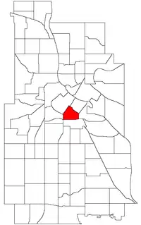 Location of Elliot Park within the U.S. city of Minneapolis