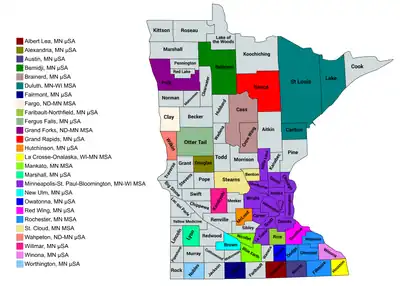 Map of the 26 core-based statistical areas in Minnesota.