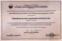  Certificate of Public Convenience and Necessity issued to the Mindanao Islamic Telephone Company, Inc. 8 July 2019