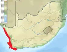 Map of South Africa, with shading indicating the species occurs in the western part of the country near the Pacific ocean