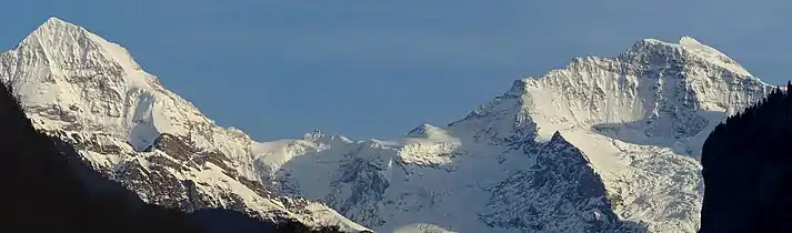 The Mönch (left) and the Jungfrau (right). The Sphinx observatory can be seen in the middle, on the saddle between the two summits.