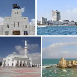 Clockwise from top: Sayid Mohammed Abdullah Hassan monument, Lido Beach, the Old Fishing Harbour, and Isbahaysiga Mosque.