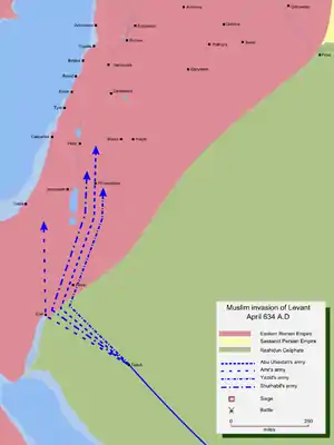 Map detailing the Rashidun Caliphate's invasion of the Levant