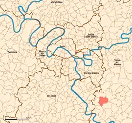 Location (in red) within Paris inner and outer suburbs