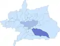 Location of Monachil (in dark blue) relative to the Vega de Granada; The city of Granada is shown in lighter blue.