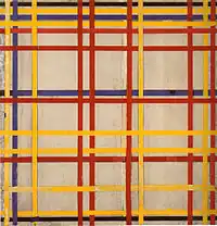 Vertical and horizontal strips in blue, red, yellow and black on a white background. The horizontal strips are closer on the top.