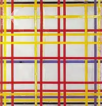 Vertical and horizontal strips in blue, red, yellow and black on a white background. The horizontal strips are closer on the bottom.