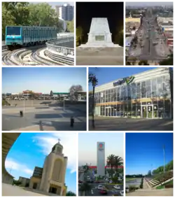 Top left:A Santiago Metro train arriving in Maipú, Top middle: Battle of Bailén Memorial, Top right: April 5th Avenue, Middle left: Maipú Main Square, Middle right: Maipu Municipal Theater, Bottom left: Votive Temple, Bottom middle: Mall Arauco Maipú, Bottom right: Santiago Bueras Stadium