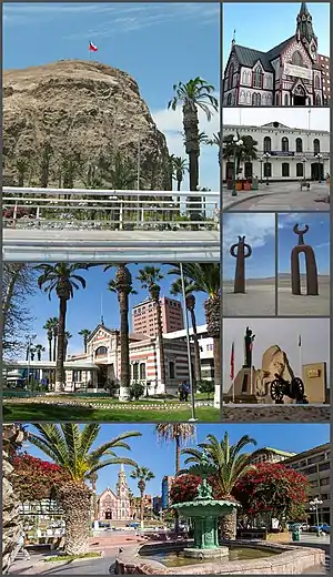 Clockwise, from top: Morro de Arica; Arica Cathedral; station of the Tacna-Arica railway; Casa de la Cultura de Arica; Presencias tutelares sculptures; Museum of History and Weapon; Plaza Colón