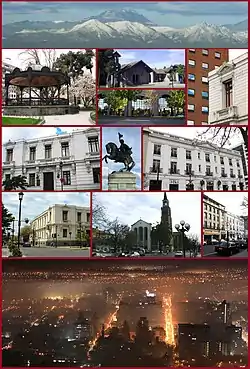 1º row: Andes mountains in Talca. 2º row: (left) Town square of Talca, (centre-top) Catholic University of the Maule, (centre-down) Ancient Library of the University of Talca, (right) architectural contrasts. 3º row: Old Intendancy of Maule, statue of Bernardo O'Higgins, BCI Bank. 4º row: 1 Norte street, St. Augustine Cathedral, and 1 Sur street. 5º row: Nocturnal cityscape of Talca.