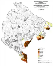 Percent of Albanian language in Montenegro by settlements, 2011