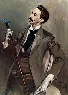 Painting of an elegant man, seated, examining a cane with a blue handle.