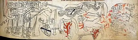 There are three sections. In the left, a group of knights in armour are holding a naked body, seemingly attacking it with their swords. In the middle, a naked body lies with severed arms, legs and head nest to a uniform, arms and another prone body. The right section seemingly depicts a pile of dead bodies in armour.