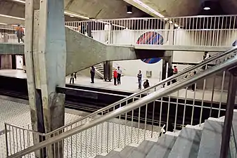 The interior of Peel station and its floating mezzanine.