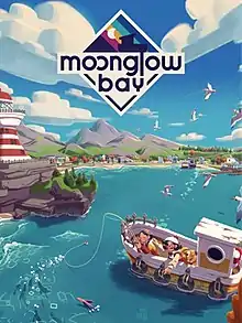 Art of a small fishing town with mountains in the background. The majority of the scene is water, with a boat with two people, one of whom has a fishing rod, and a dog on it; a lighthouse is visible on the left, and birds can be seen flying on the right. The game's logo, reading "moonglow bay" in stylized lowercase on top of a diamond, is visible near the top.