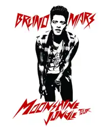 A promotional poster of the tour, with Bruno Mars pictured on it, the words "Bruno Mars Moonshine Jungle Tour" in red capital font in a white background