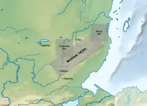 Physical map of the southern Maya Lowlands in present-day Belize and Peten, with Nojpeten in the northwest, Tipu in the north, and Mopan and Manche in the south, and with the Mopan Territory, including the Chinamita and Muzul Territories, marked in light grey in the centre.