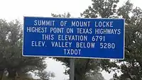 Elevation sign at terminus of Spur 78 atop Mt. Locke at McDonald Observatory