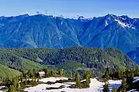 A small cabin surrounded by trees, with mountains dominating the background