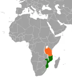 Map indicating locations of Mozambique and Tanzania