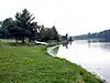 A grassy lawn with picnic tables, trees and a boat with a curving lakeshore at right