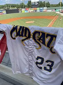 A white baseball jersey with "Mudcats" and "23" across the chest in blue and yellow letters hanging on a guardrail overlooking a green baseball field