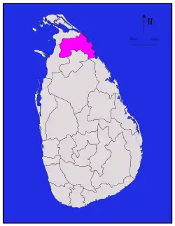 Area map of Mullaitivu District, extending to the west from the north by east coast in the Northern Province of Sri Lanka