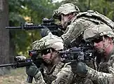 US Army soldiers aim weapons, bottom left has a AN/PEQ-15 attached to his M4, and bottom-right has a DBAL-A2 attached to his M249 SAW.