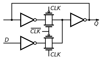 A gated D latch in pass transistor logic, similar to the ones in the CD4042 or the CD74HC75 integrated circuits.