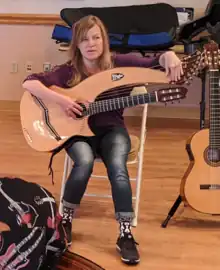 American harp guitarist, conducting a guitar clinic in The Villages, Florida in 2020.