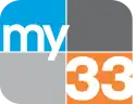 A four-quadrant rounded rectangle, from top left: blue, dark gray, light gray, light orange. In the blue box, the lowercase word "my" in white in a sans serif. In the lower lower right box, a white 33 in a sans serif.