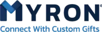 The text "MYRON" in blue over white background with "Connect with custom gifts"