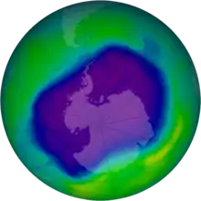 Image of the ozone hole spanning almost all of Antarctica