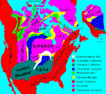 Geological map of North America showing the Midcontinent Rift in white, here labeled Keweenawan Rift. Lake Superior now occupies the apex of the rift; the section to its north marked "SUPERIOR" is the Superior Craton