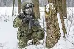 Russian soldier training in their Ratnik combat gear, an AK-74M rifle and PMK-4 gas mask