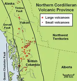 Map of the Northern Cordilleran Volcanic Province and location of nearby fault zones. The volcanoes fall into the region between the two faults.